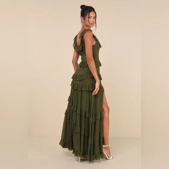 NWT Lulus Compelling Romantic Olive Green Ruffled Tiered Maxi Dress - Picture 2 of 4